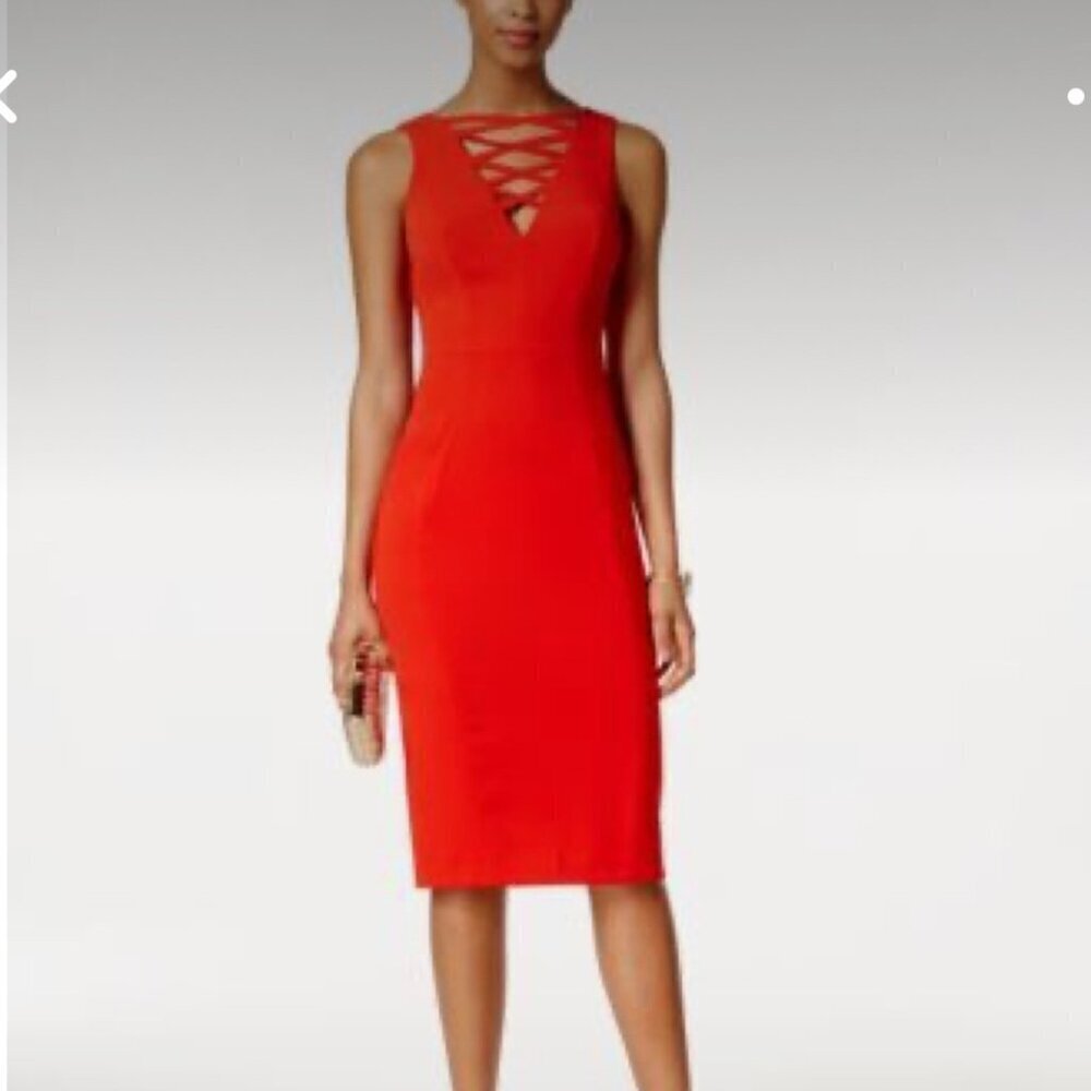 JAX Black Label Red Sleeveless Cage Lace Up Midi Dress, Size 4?